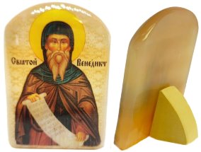 Именная икона из селенита "Святой Венедикт Нурсийский" 