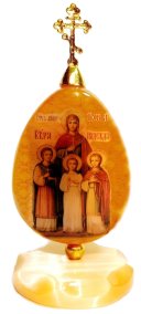 Икона из селенита яйцо на подставке с крестом &quot;Вера, Надежда, Любовь и мать их София&quot;  