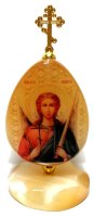 Икона из селенита яйцо на подставке с крестом "Ангел"