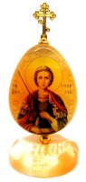 Икона из селенита яйцо на подставке с крестом"Георгий Победоносец"