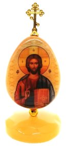 Икона из селенита яйцо на подставке с крестом &quot;Иисус Господь Вседержитель&quot; 