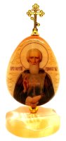 Икона из селенита яйцо на подставке с крестом"Сергий Радонежский"