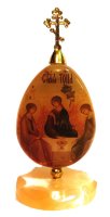 Икона из селенита яйцо на подставке с крестом"Святая Троица"