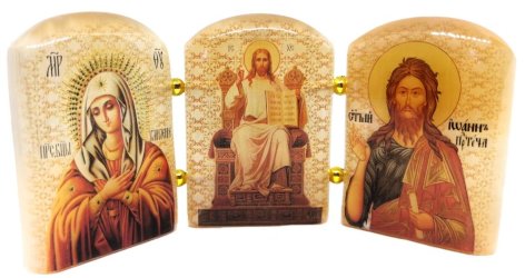 Триптих из селенита "Иисус на троне, Б. М. Умиление, Иоанн Пророк Предтеча"