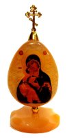 Икона из селенита яйцо на подставке с крестом"Б.М.Владимирская"