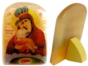 Икона из селенита с подставкой "Почаевская икона Божией Матери" 