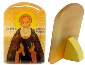 Именная икона из селенита "Святой Александр Свирский" 