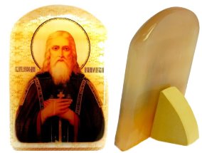 Икона из селенита с подставкой "Святой Мефодий Пешношский" 