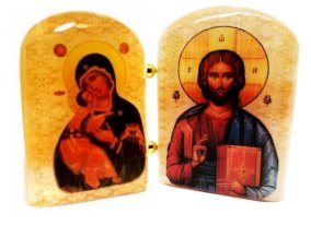 Икона из селенита двойная "Б. М. Владимирская и Иисус Вседержитель"" 