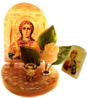 Икона большая с подсвечником из селенита, с цветами 110*100*65 мм "Архангел Михаил"(с молитвой)