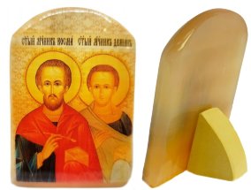 Именная икона из селенита "Святые Косма и Дамиан"  