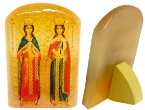 Икона из селенита с подставкой "Святые Великомученицы Варвара и Екатерина" 