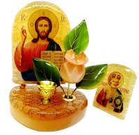 Икона большая с подсвечником из селенита,с цветами 110*100*65 мм "Спаситель Иисус Христос"